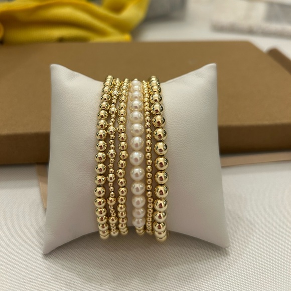 Stack 8 bracelets Holiday stretch black pearls gold handmade, any size, gemstone - Picture 5 of 8